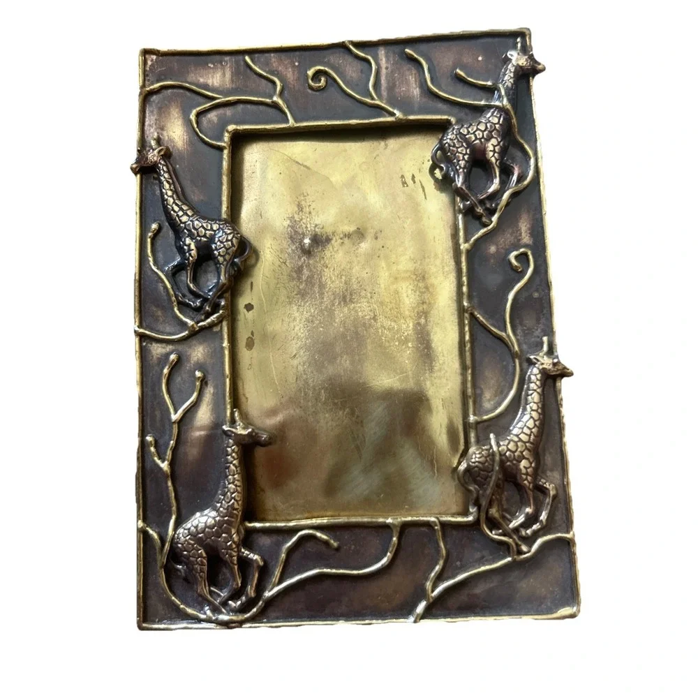 Vintage Solid Brass Giraffe Picture Frame African Safari Tabletop Decor No Glass